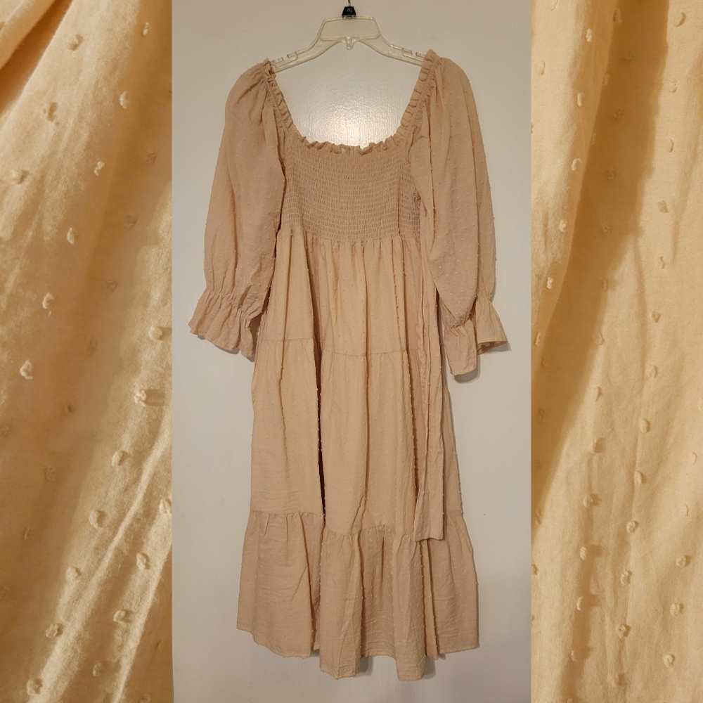 Cream Puff Sleeve Tiered Midi Dress